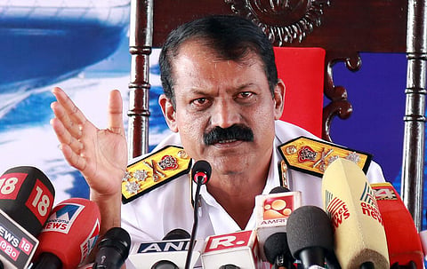 Southern Naval Command Chief Vice Admiral M A Hampiholi interacting with reporters on board INS Tir at Kochi Naval Base on Wednesday. (Photo | T P Sooraj, EPS) 