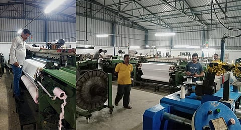 Sisir Gouda at the textile factory; Workers busy at work. (Photo | Express)