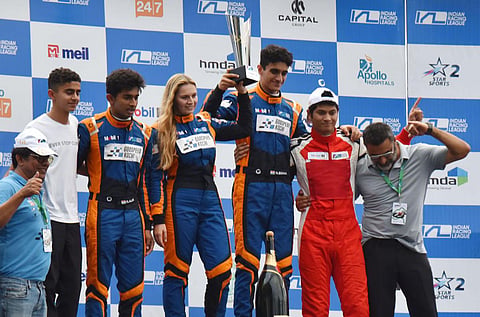 GodSpeed Kochi team members celebrate their win at the Hyderabad Street Circuit on Sunday. (Photo | Jwala, EPS)
