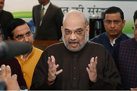 nion Home minister Amit Shah addresses the media at Parliament House in New Delhi on Tuesday. (Express Photo | Shekhar Yadav)
