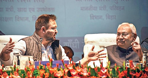 CM Nitish Kumar with Deputy CM Tejashwi Yadav in Patna on Tuesday | PTI
