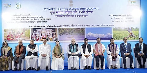Union Home Minister Amit Shah with Bengal CM Mamata Banerjee, Jharkhand CM Hemant Soren, Bihar Dy CM Tejashwi Yadav and other representatives at the 25th meeting of the EZC in Kolkata. (Photo |PTI)