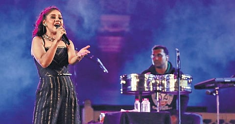 Singer Sunidhi Chauhan performs at a concert marking the completion of 100 days of Bharat Jodo Yatra, at Albert Hall Museum in Jaipur on Friday. (Photo | PTI)