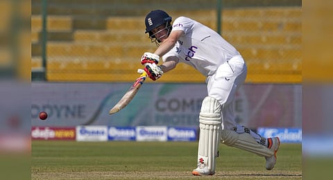 England's Harry Brook plays a shot during the second day of third test cricket match between England and Pakistan, in Karachi, Pakistan on December 18, 2022.