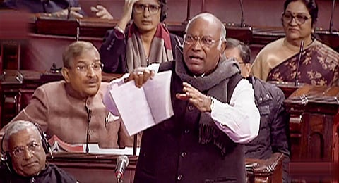 Congress MP Mallikarjun Kharge speaks in the Rajya Sabha during the ongoing Winter Session of Parliament, in New Delhi. (Photo | PTI)