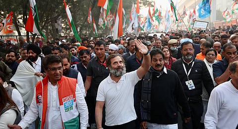 Congress MP Rahul Gandhi along with party leaders & workers marches ahead in 'Bharat Jodo Yatra' in New Delhi on Saturday. (Photo | AICC)
