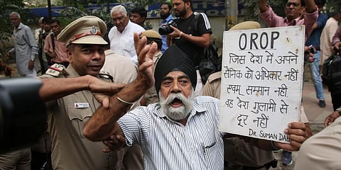 Ex-servicemen hold a protest at Parliament Street.(File Photo | Shekhar Yadav EPS)