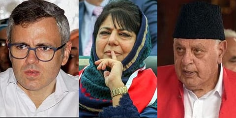 National Conference VP Omar Abdullah, National Conference chief Farooq Abdullah (File Photo | PTI) PDP chief Mehbooba Mufti. (File | EPS)