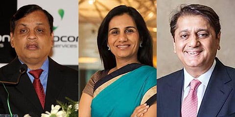 Videocon Chief Venugopal Dhoot (L), Former ICICI Bank MD and CEO Chanda Kochhar and her husband Deepak Kochhar (R). (File Photo | PTI)