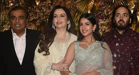 Mukesh Ambani and his wife Nita along with son Anant and soon-to-be-daughter-in-law Radhika Merchant.