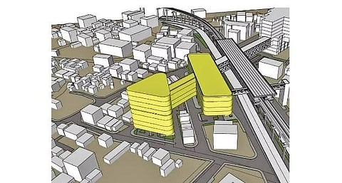 The building with eight floors (in yellow) will come up for commercial use 