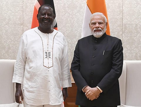 PM Narendra Modi along with former Kenyan premier Raila Amolo Odinga. (Photo | PM Twitter)
