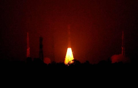 launches Polar Satellite Launch Vehicle PSLV C52 carrying orbit earth observation satellite EOS-04 and two other small satellites from the First Launch Pad of Satish Dhawan Space Centre. (Photo | PTI)