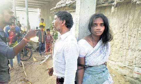 The victims tied to a poll in Alladurgam on Monday.