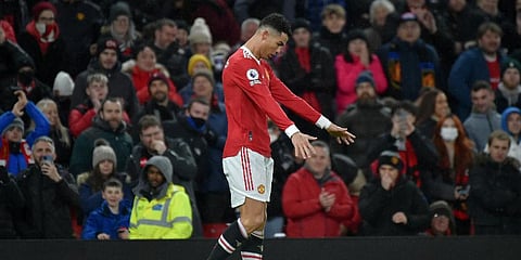 Manchester United's Cristiano Ronaldo celebrates scoring his side's first goal during their English Premier League match against Brighton and Hove Albion in Manchester, Feb 15, 2022. (Photo | AP)