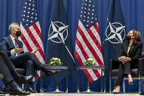 Vice President Kamala Harris meets with NATO Secretary General Jens Stoltenberg, left, during the Munich Security Conference, Friday, Feb. 18, 2022, in Munich. (Photo | AP)