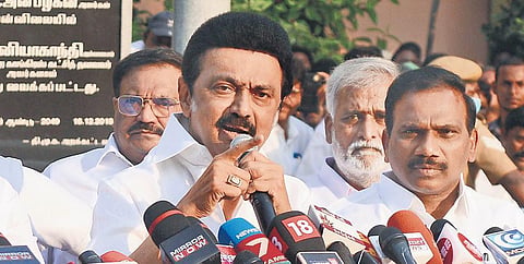 DMK President and CM MK Stalin speaks to media after the party’s big win in urban local body polls, at party headquarters in Chennai on Tuesday | DEBADATTA MALLICK