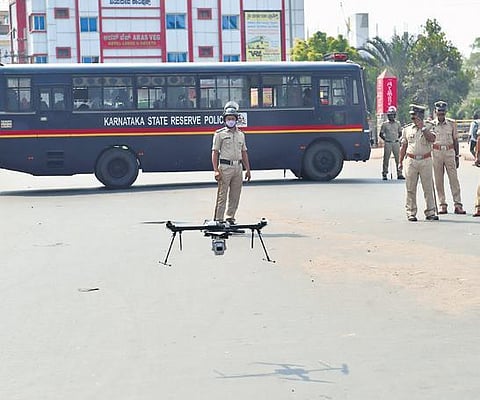 A police drone lifts off to undertake surveillance of sensitive areas in Shivamogga on Wednesday | vinod kumar t