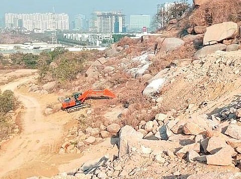 Rocks being drilled at Khajaguda hills. (Photo | EPS)