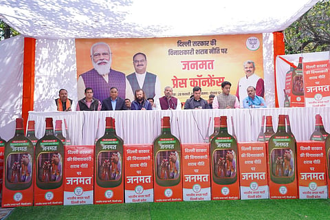 Delhi BJP president Adesh Gupta, party MP Hans Raj Hans along with other leaders a press conference in Delhi on Monday. (Photo | Twitter)