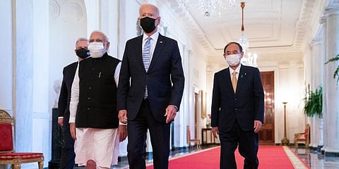 President Joe Biden, Australian PM Scott Morrison, Indian PM Narendra Modi, and Japanese PM Yoshihide Suga, in the East Room of the White House. (Photo | AP)