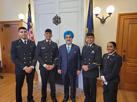 India's Ambassador to the United States Taranjit Singh Sandhu meeting young officers of Indian descent at the US Naval academy( Photo | Twitter)
