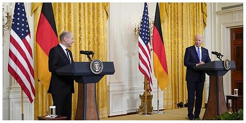 President Joe Biden speaks during a joint news conference with German Chancellor Olaf Scholz in the East Room of the White House, Monday, Feb. 7, 2022, in Washington. (Photo: AP)