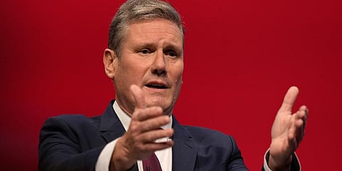 FILE - Leader of the British Labour Party Keir Starmer gestures as he makes his keynote speech at the annual party conference in Brighton, England, Sept. 29, 2021. (Photo | AP)