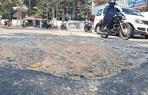 The damaged road connecting the Paruthippara signal to Muttada road |B P Deepu