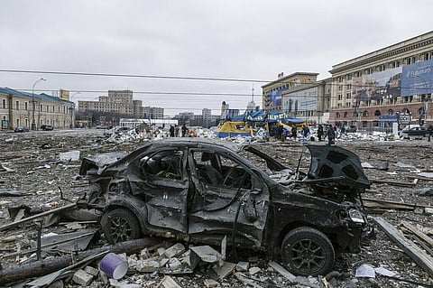 A view of the central square following shelling of the City Hall building in Kharkiv, Ukraine, Tuesday, March 1, 2022. (Photo | AP)