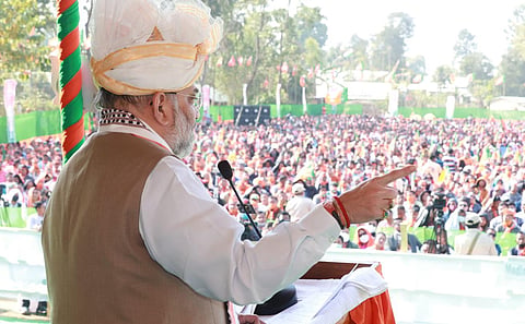 Union Home Minister Amit Shah addressing an election rally in Thoubal which is represented by Congress leader and ex-CM Okram Ibobi Singh, on Tuesday. (Photo | Twitter)