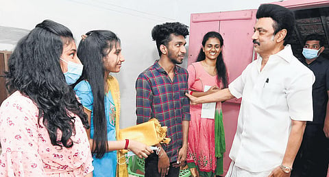 CM Stalin meeting medical students who returned from Ukraine in Tirunelveli recently. He was on his way to Madurai airport from Kanniyakumari