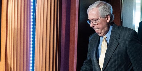 Senate Minority Leader Mitch McConnell of Ky., arrives to speak with reporters about aid to Ukraine, on Capitol Hill, Wednesday, March 10, 2022, in Washington. (Photo | AP)