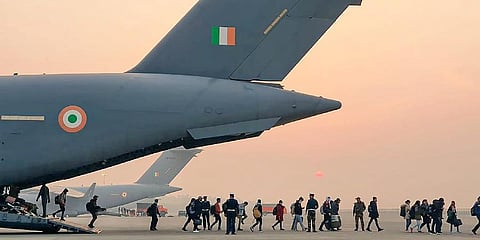 Indian nationals, evacuated from war-torn Ukraine, on their arrival at the Hindon airbase, in Ghaziabad.(Representational photo | PTI)