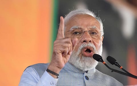 Prime Minister Narendra Modi addresses BJP leaders and workers during celebrations at the BJP Headquarters following the party's win in Assembly elections. (Photo | PTI)