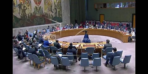 The United Nations Security Council listens to comments during a meeting, Friday, March 11, 2022, at UN headquarters( Photo | AP)