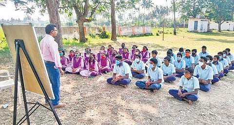 Students of Zilla Parishad High School in Nagulapalli shift places as the sun changes direction. On rainy days, the management declares a holiday for the school | Express