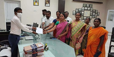 Eight of 14 district ward councillors submitting petition to Collector S Gopal Sundararaj seeking action against panchayat chairman S Tamil Selvi.