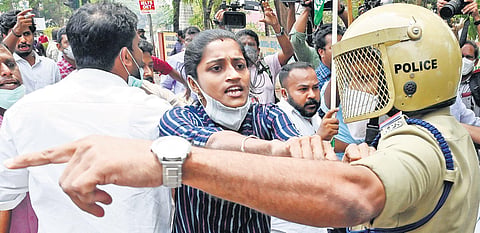 Police try to block Youth Congress activists during their protest march to the assembly on Wednesday in protest against the alleged attack by SFI on KSU workers at Government Law College in Thiruvana