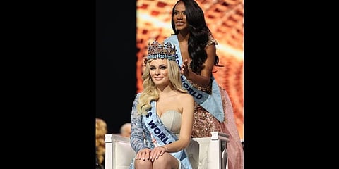 70th Miss World Karolina Biewleska being crowned by her predecessor Toni-Ann Singh of Jamaica.(Photo | Instagram)
