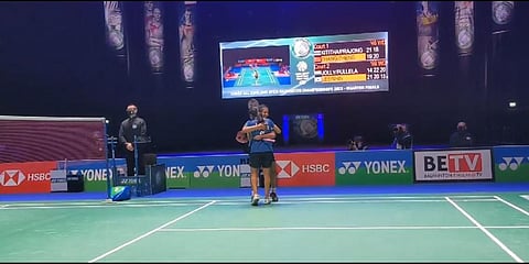Treesa Jolly and Gayatri Gopichand celebrating their victory in the match.(Photo | Twitter Screengrab)