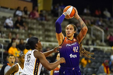 Phoenix Mercury center Brittney Griner (42) shoots over Indiana Fever forward Teaira McCowan (15) in the first half of a WNBA basketball game in Indianapolis. (Photo | AP)