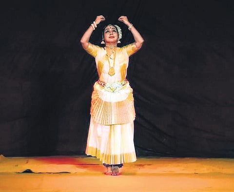 Dr Neena Prasad performing the mohiniyattom at the Government L P School on Saturday.