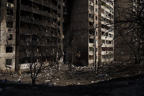 Residential apartment building are seen heavily damaged after a Russian attack in Kharkiv, Ukraine, Thursday, March 24, 2022. (Photo | AP)