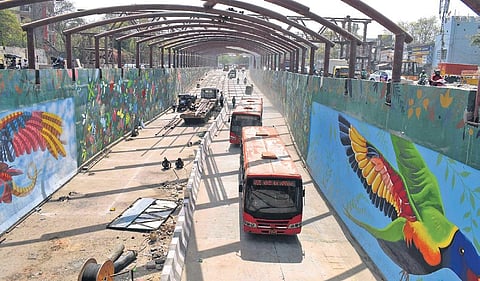 Vehicles pass through the newly built Ashram underpass stretch during a trial run. (Photo| Kabir Jhangiani, EPS)