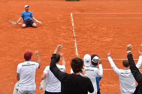 Argentina's Horacio Zeballos celebrates his 6-4, 6-4 win over Czech Republic's Tomas Machac and Jiri Lehecka at the end of a Davis Cup first round doubles match, in Buenos Aires. (Photo | AP)