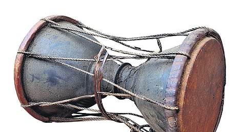 Dudi, a traditional drum of the Kodavas, is made of metal base and animal hide.
