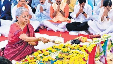 Union Finance Minister Nirmala Sitharaman takes part in the foundation stone laying ceremony of NACIN at Palasamudram village in Anantapur district on Saturday, March 4, 2022. (Photo | Express)
