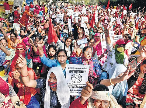 Anganwadi workers protest seeking better pay and working conditions (File photo| Express)