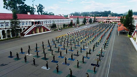 The recruits, soldiers and families members of The Madras Regimental Centre, Wellington in Nilgiris practicing yoga. (File Photo | Special Arrangement)
